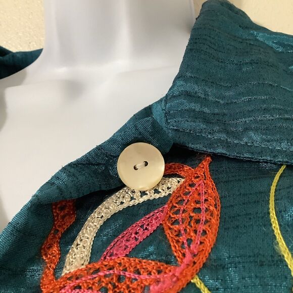 Lagenlook Oversized Embroidered Teal Artsy Boho Hippie Button Up Shacket XL - Picture 11 of 12